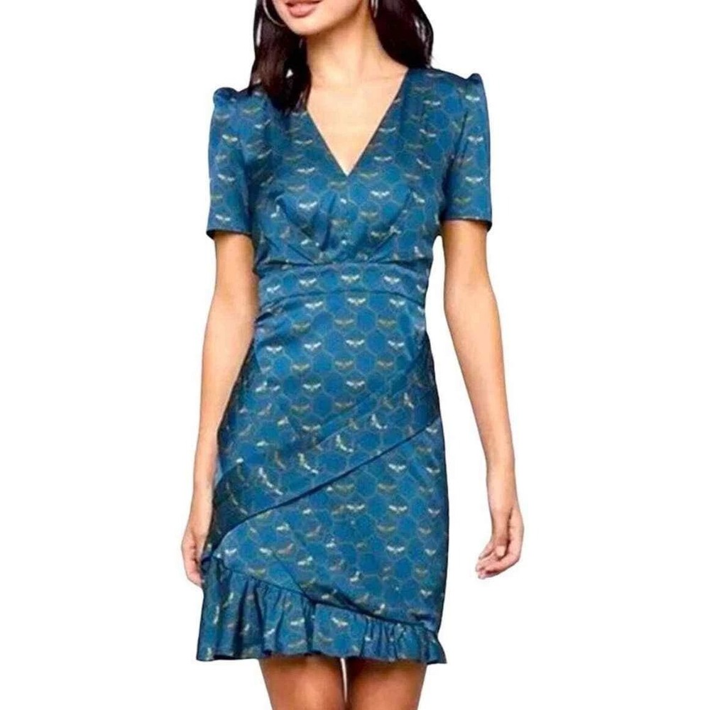 Bebe Bee Honeycomb Print Wrap Ruffle Mini Dress Womens XS‎ Blue Gold Satin NWT